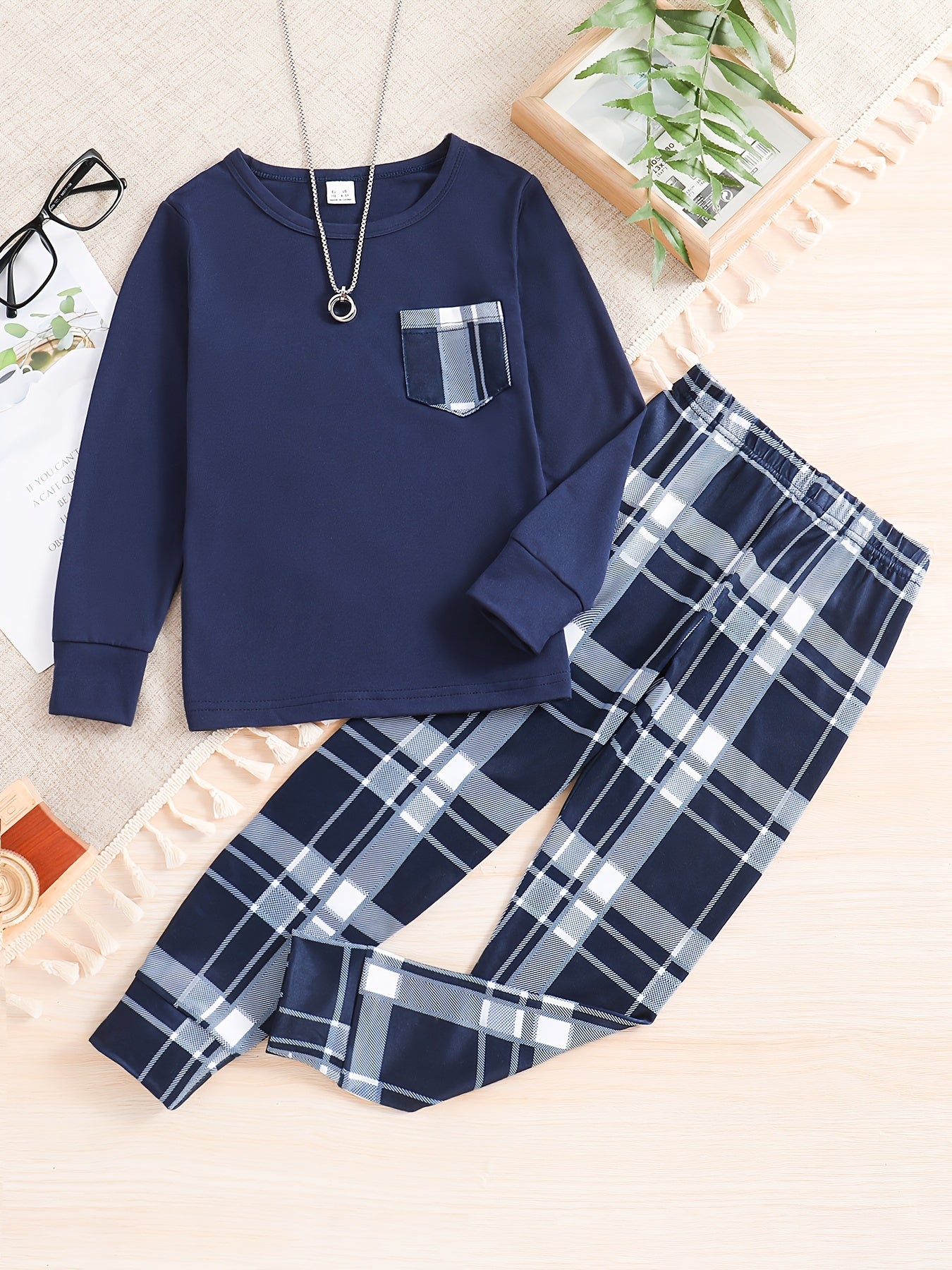 2pcs Plaid Pattern Pajamas For Kids, Pocket Front Long Sleeve Top & Pants Set,