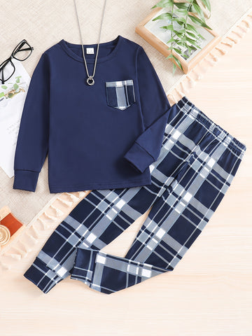 2pcs Plaid Pattern Pajamas For Kids, Pocket Front Long Sleeve Top & Pants Set,