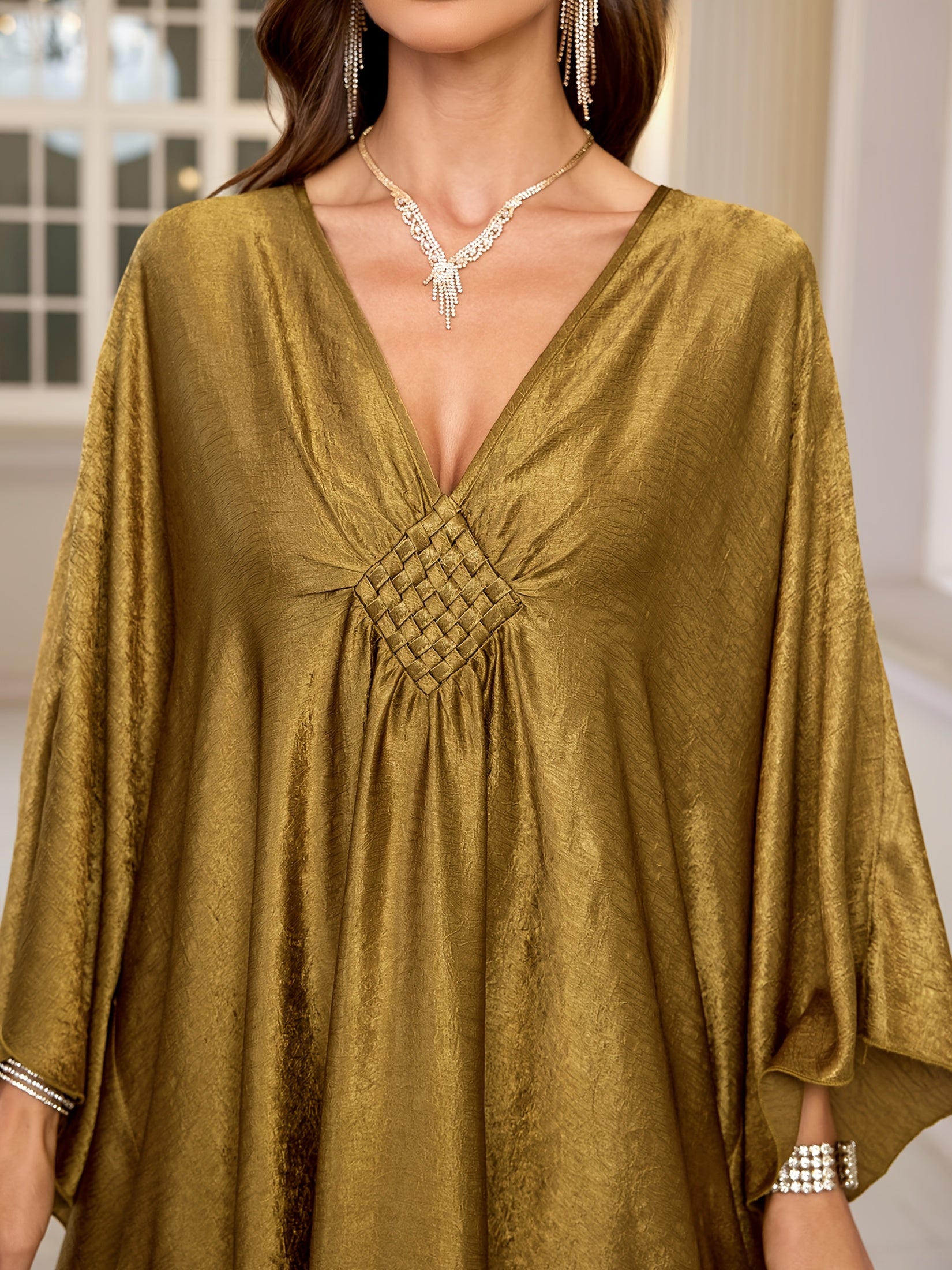 EDOLYNSA Women's Olive Green V-Neck Batwing Sleeve Kaftan ./MH