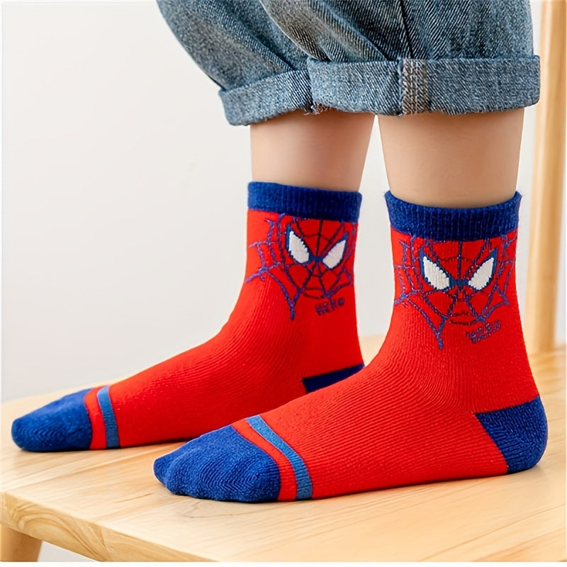 5 Pairs Of Boy's Cotton Spiderman Cartoon Design Crew Socks, /MH