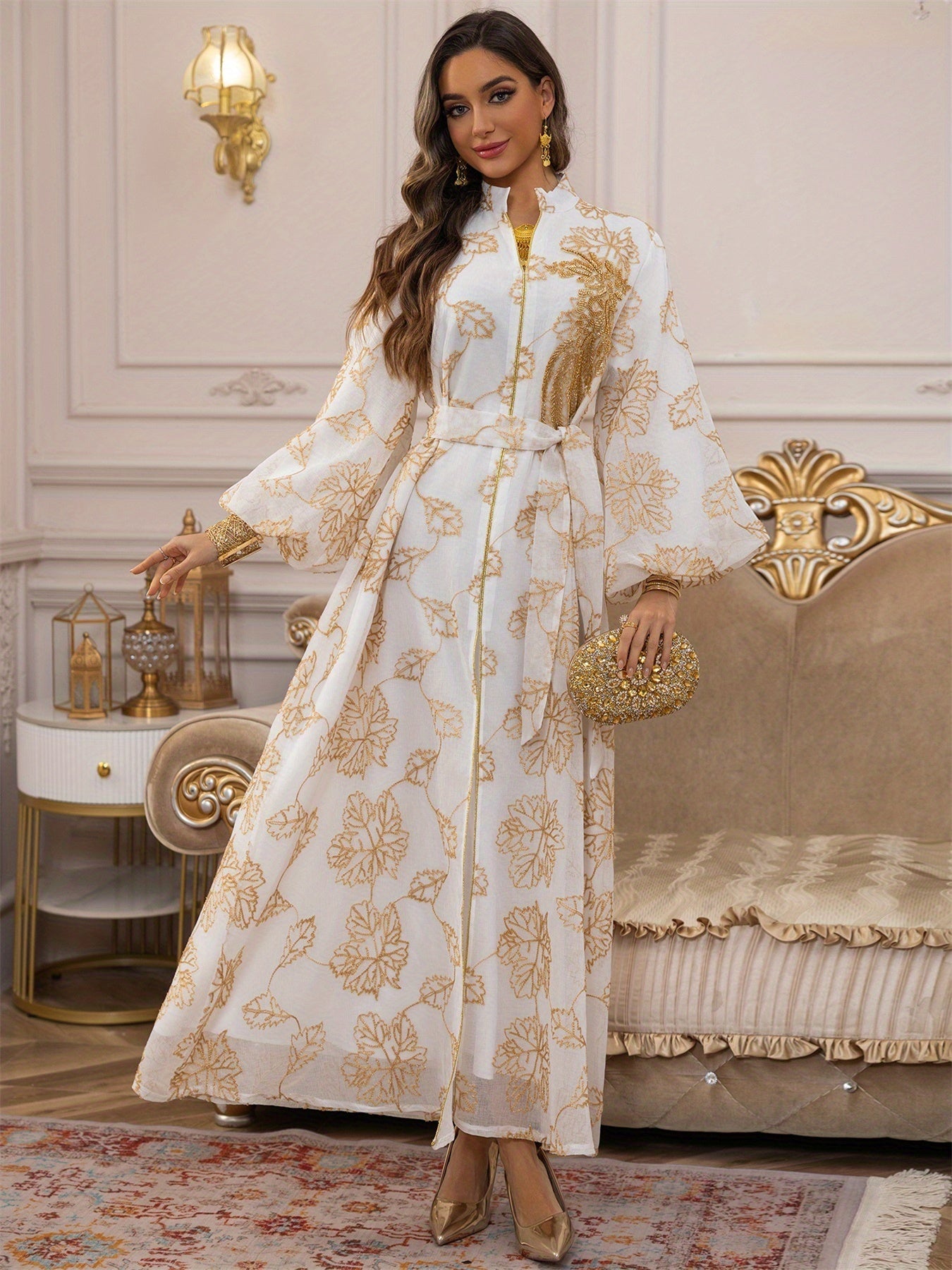 Dubai Floral Embroidery Belted Dress Belt included Lantern Sleeve/MH
