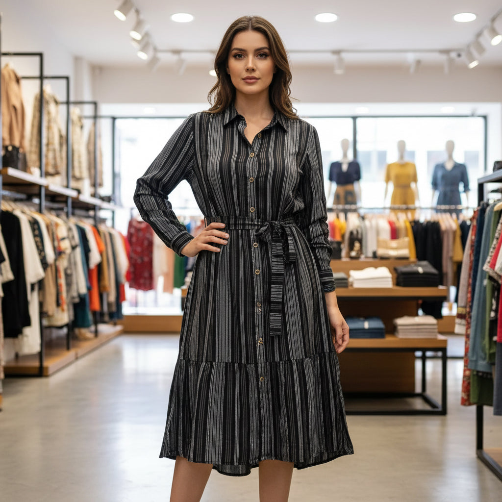 Striped Midi Shirt Dress with Tie-Waist Belt – Long Sleeve Button-Down Casual women Dress (S-XL) | MH