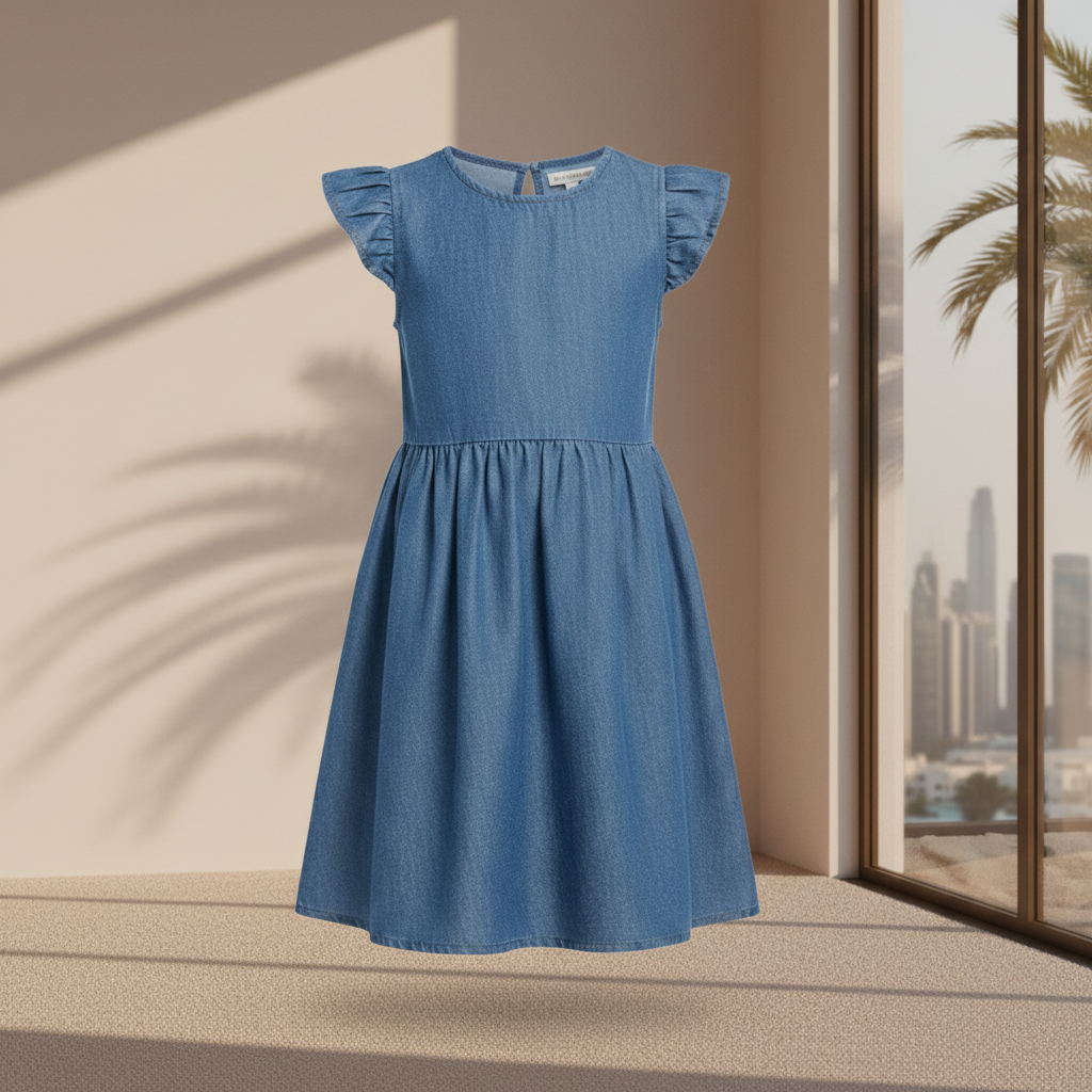 Girls Soft Denim Knee-Length Dress – Lightweight Flutter Sleeve Summer Outfit | Sizes (1-6Years) MH