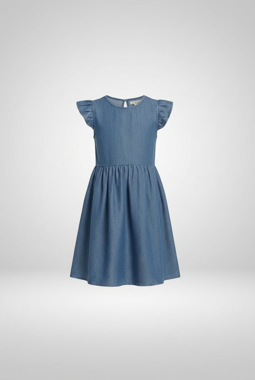 Girls Soft Denim Knee-Length Dress – Lightweight Flutter Sleeve Summer Outfit | Sizes (1-6Years) MH