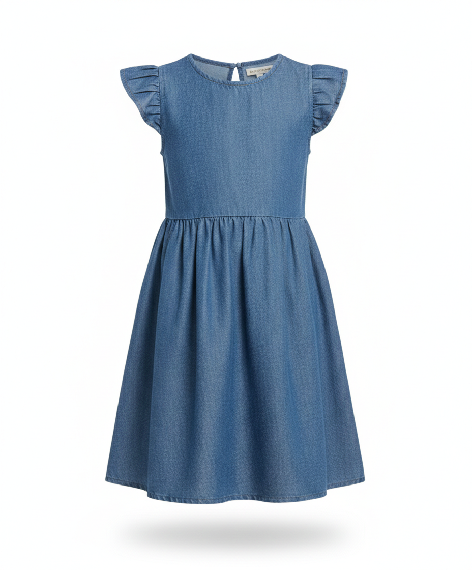 Girls Soft Denim Knee-Length Dress – Lightweight Flutter Sleeve Summer Outfit | MH