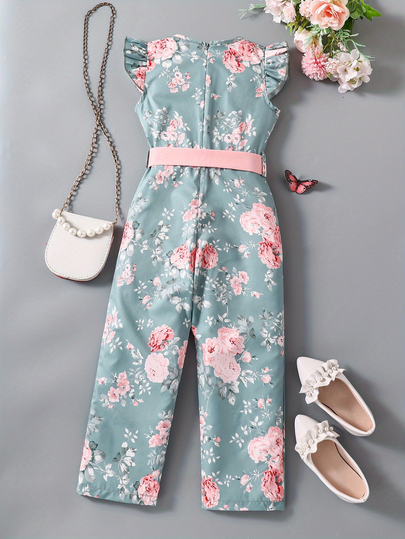 Toddler Girls Flowers Graphic Flutter Sleeve Belted Rompers Wide.