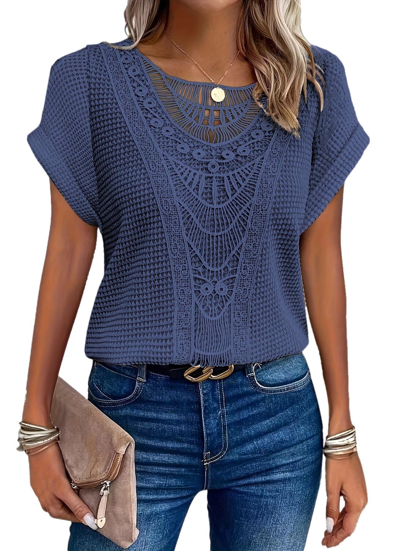 Lace Splicing Crew Neck T-shirt, Casual Short Sleeve Top For Spring & Summer, Women's Clothing
