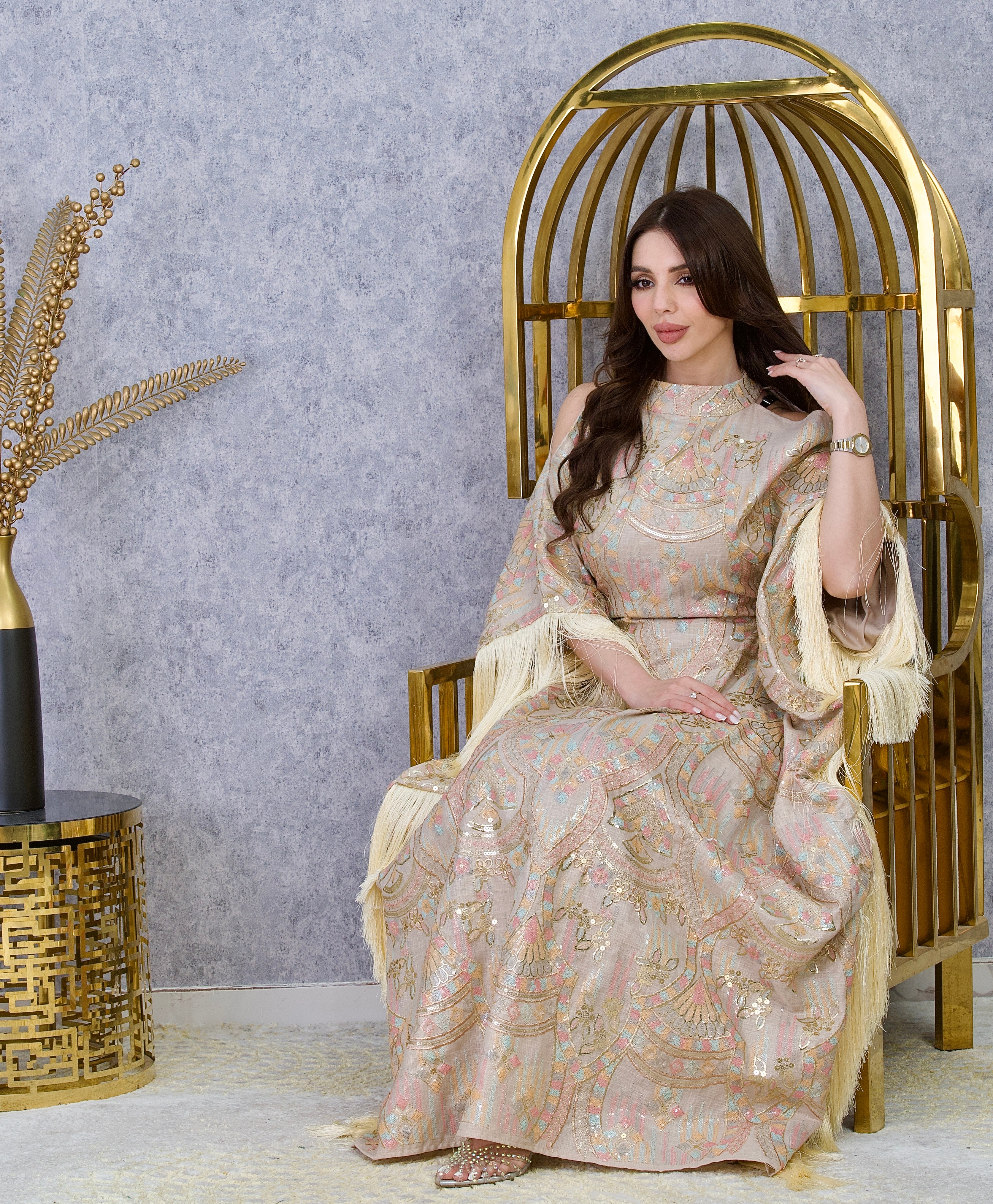 Royal Embroidered Kaftan Dress with Fringe Sleeves | Luxury Evening Abaya UAE | 4 Colors | Sizes M-XXL | MH