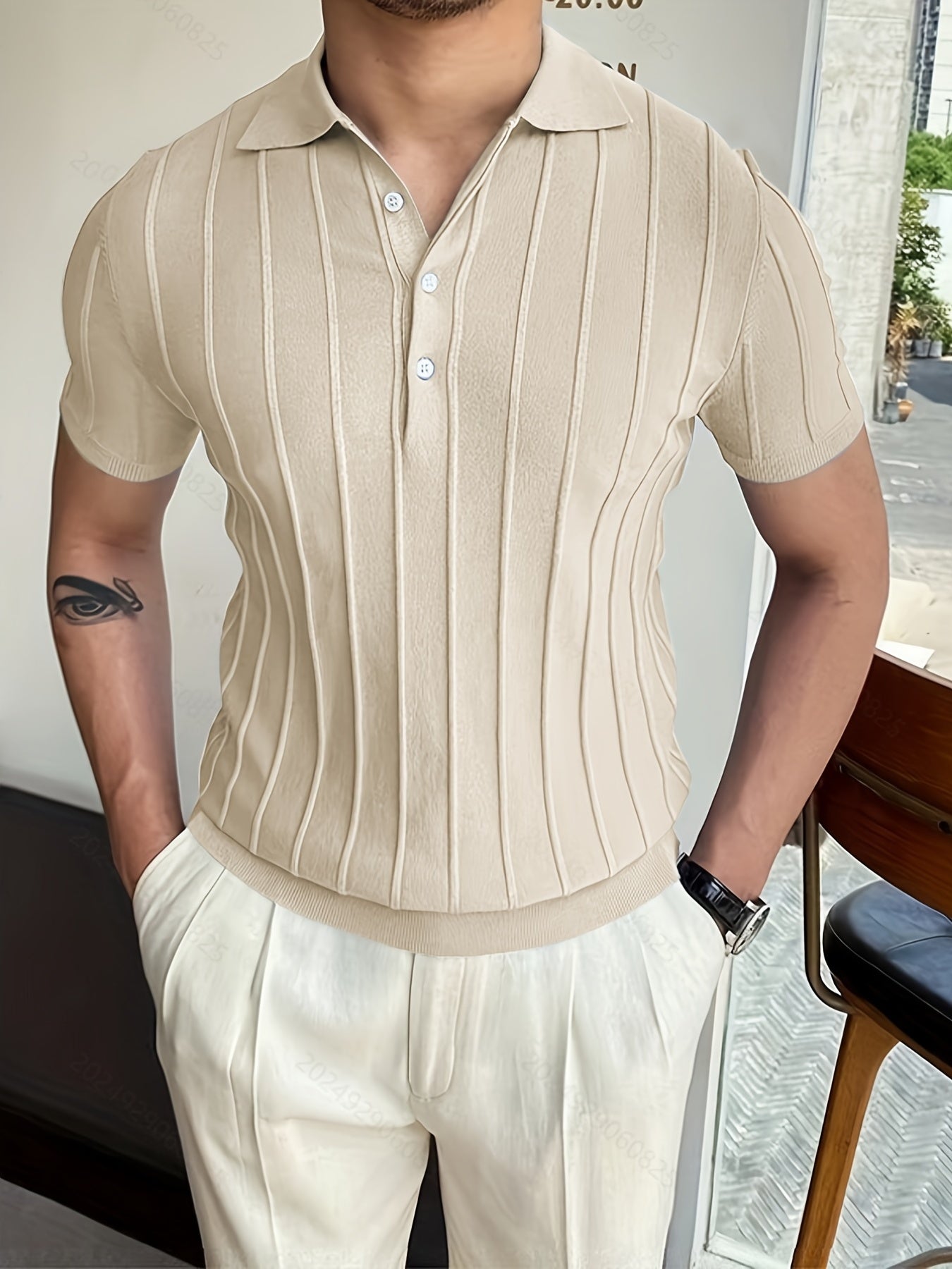 Vertical Striped Chic Shirt, Men's Casual Solid Color High Stretch .