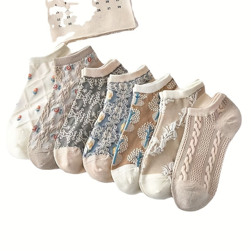 9 Pairs Vibrant Floral Print Low Cut Ankle Socks - Women's ./MH