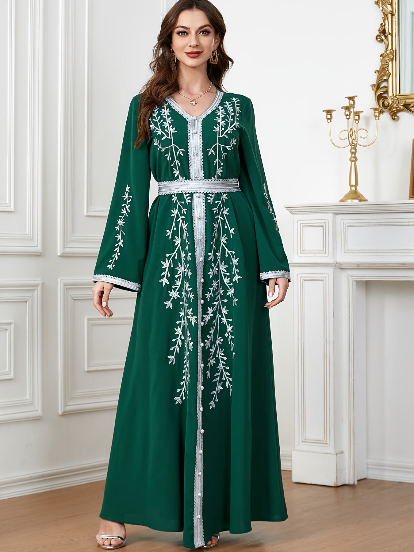 Floral Pattern Kaftan Dress, Elegant V Neck '/MH