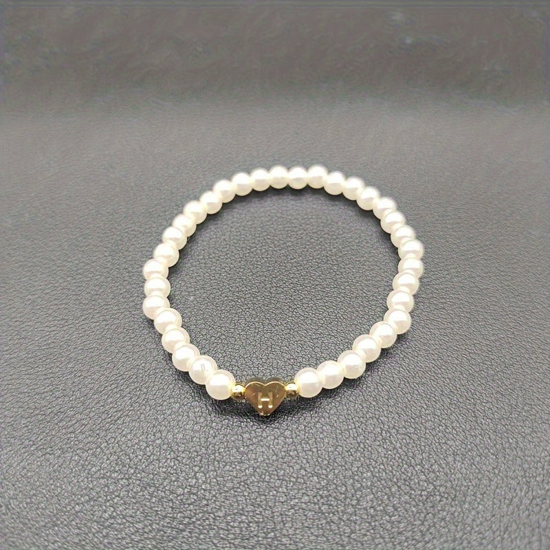 1pc Classic Initial A-Z Lettering Heart Faux Pearl Beaded Bracelet, Elegant Party Jewelry Birthday Gift For Teen Girls