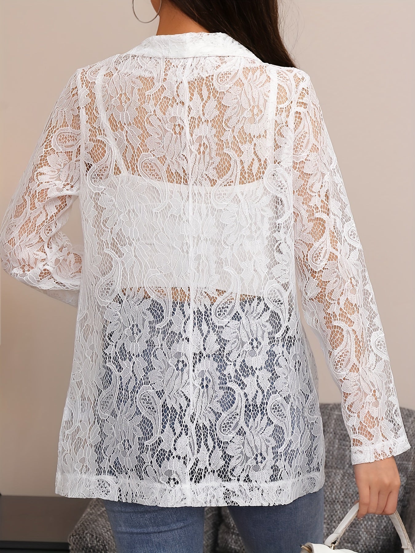 Floral Lace Lapel Blazer, Elegant Long Sleeve Open Front Outwear.