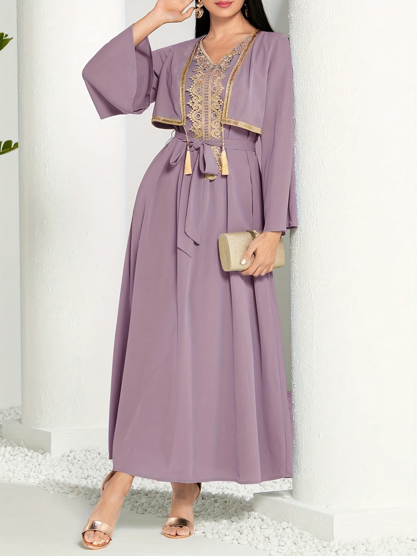 2 In 1 Lace Trim V-neck Kaftan Dress, /MH
