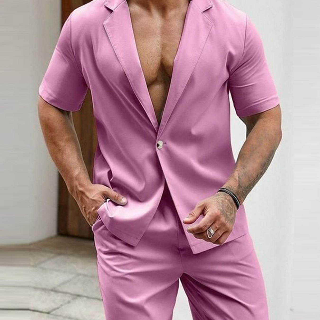 Men's Solid Color Summer Casual Blazer Suit Set, Short Sleeve Lapel Jacket.