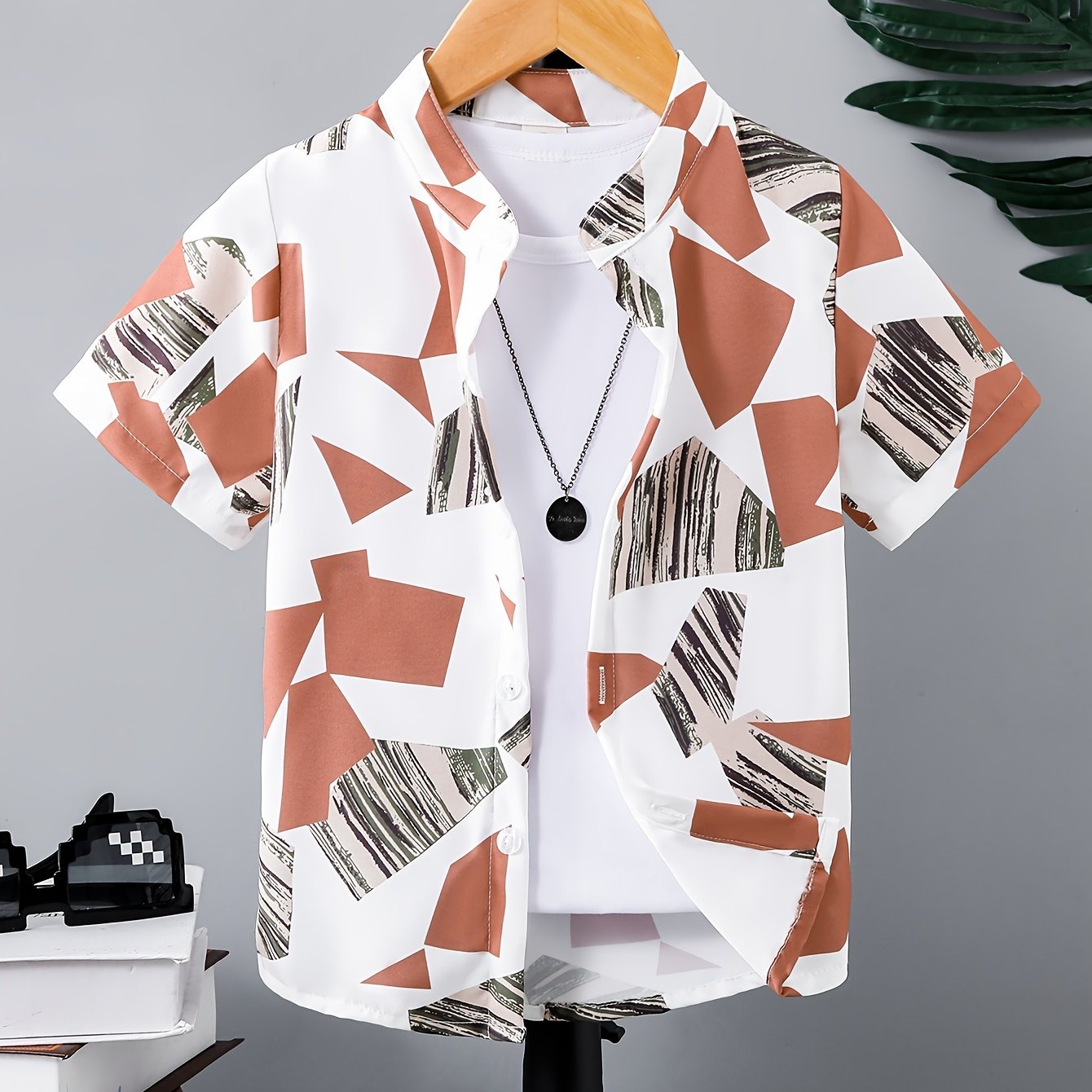 Boy's Creative Geo Color Block Stand Collar Button Down Shirt,