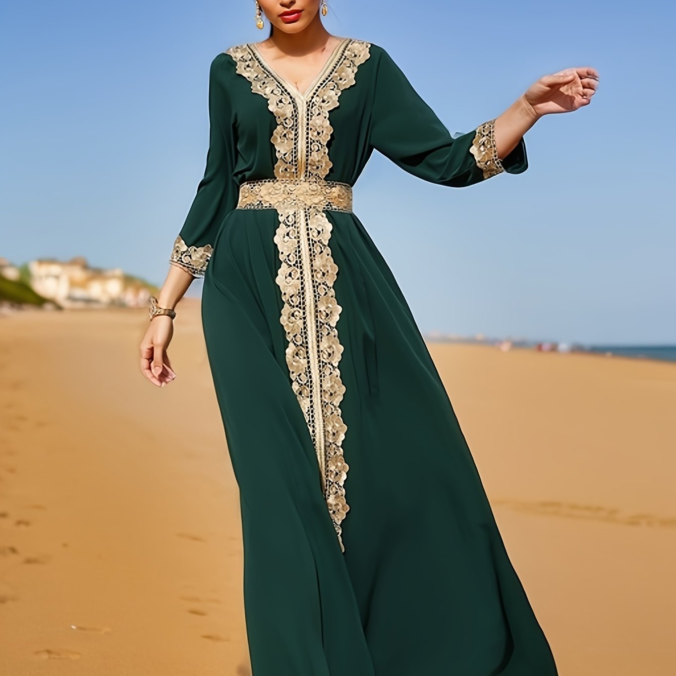 Ramadan Lace Trim V Neck Kaftan, Elegant Long Sleeve 'MH