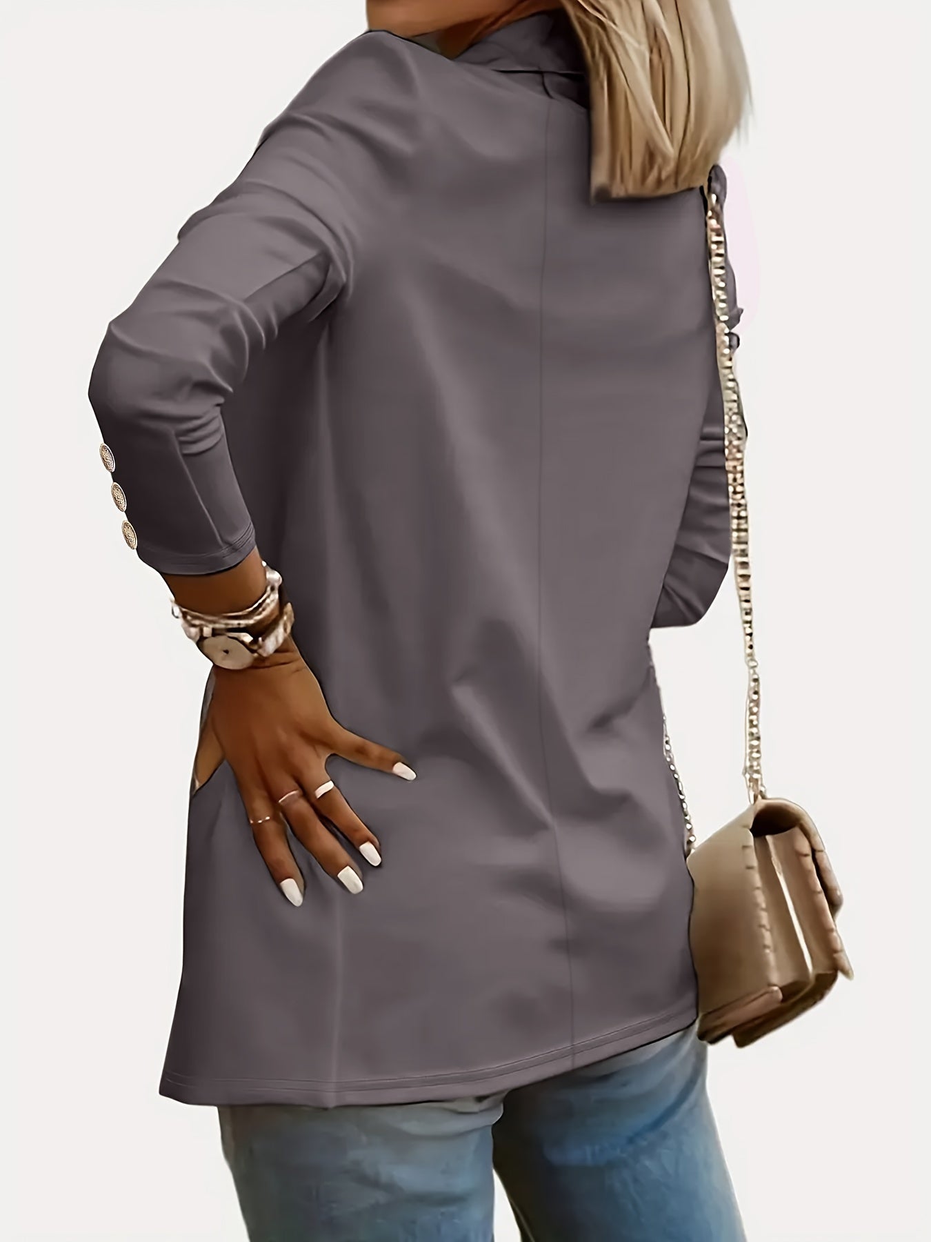 Solid Open Front Lapel Blazer, Elegant Button Decor Long Sleeve Blazer.