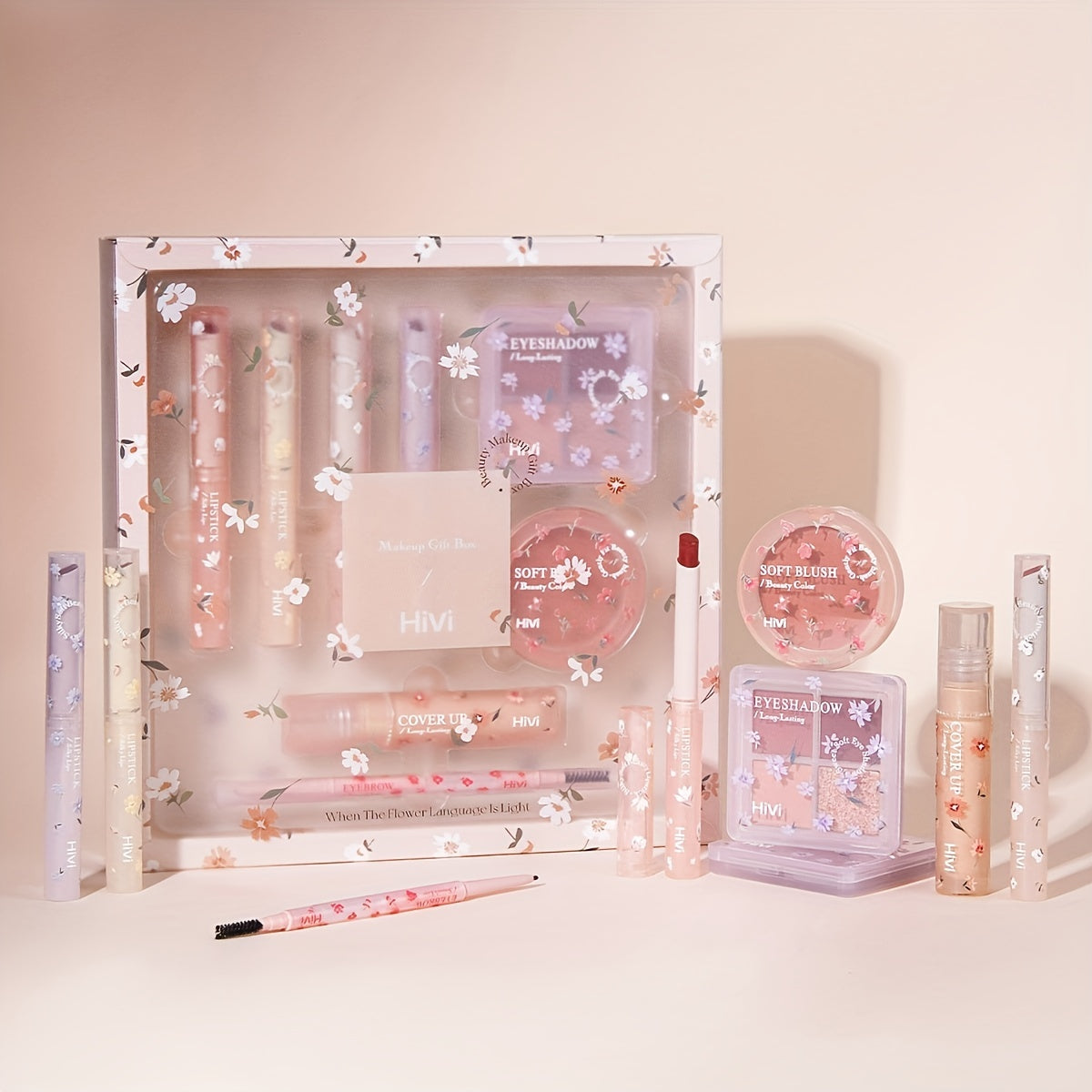 8pcs Flower Language Makeup Gift Box, Velvet Lip Gloss Lipstick Blush Powder Eyeliner Pen Eyeshadow Palette Cosmetics Set, Ideal Gift For Mother's Day Makeup Set