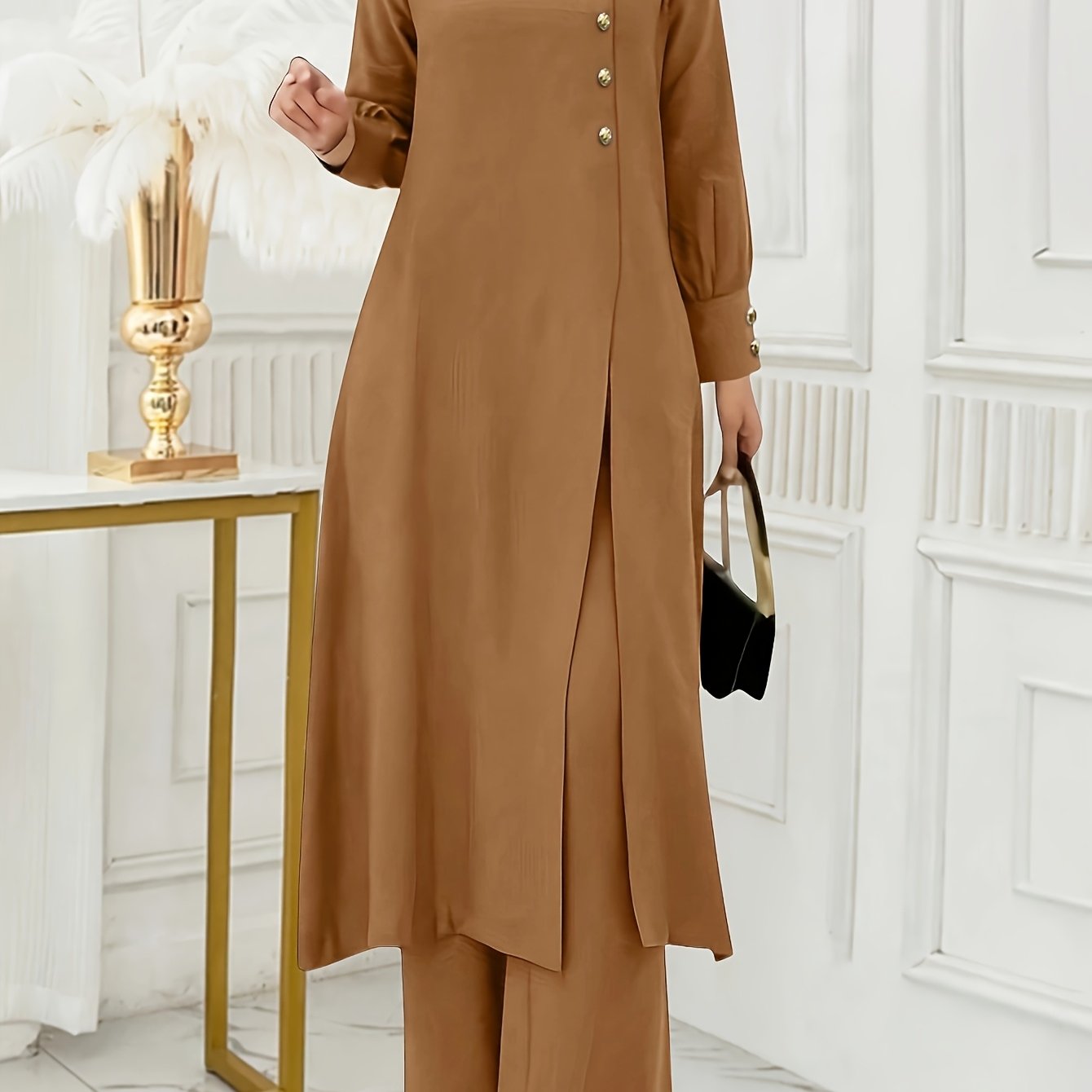 Solid Color Button Design Long Sleeve Top and Pants Set, Arabic Style,/MH