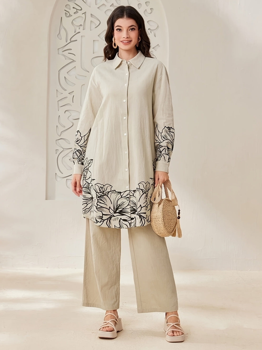 YT309 Women'S Elegant and Fashionable Floral Print Long Sleeve./MH