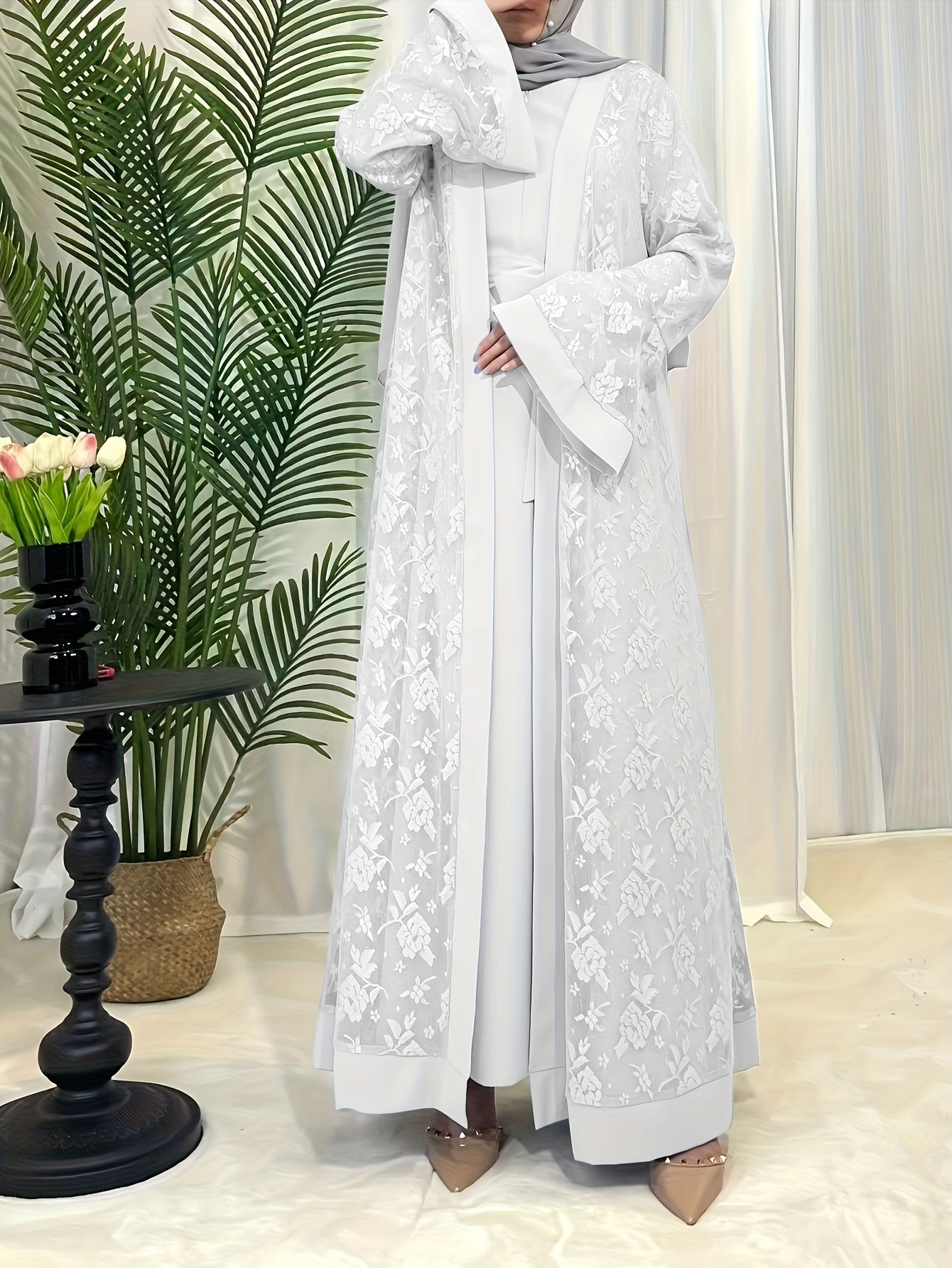 Cultural Grace, Elegant Light Blue Floral Abaya Set - /MH
