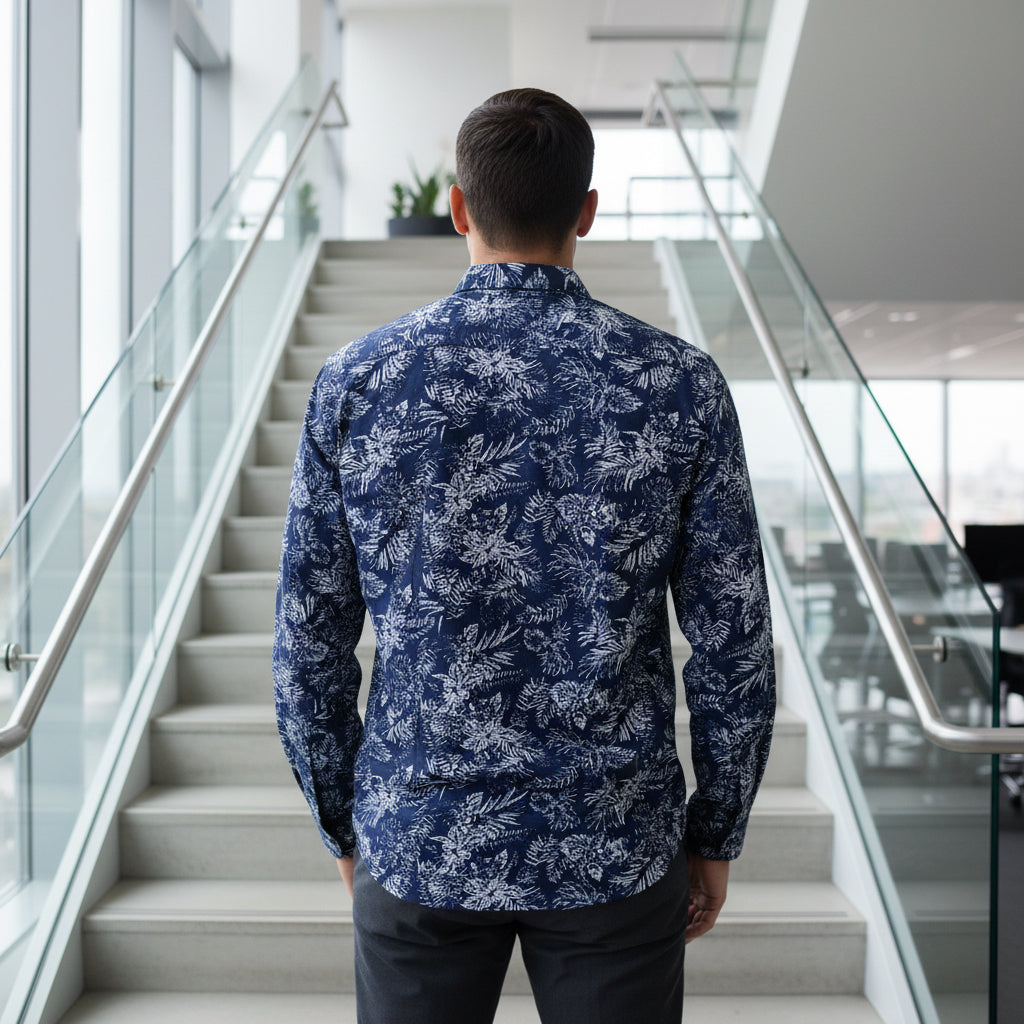 Men's Navy Floral Print Slim-Fit Shirt | Premium Cotton Smart-Casual Button-Down | Sizes M-XL | MH