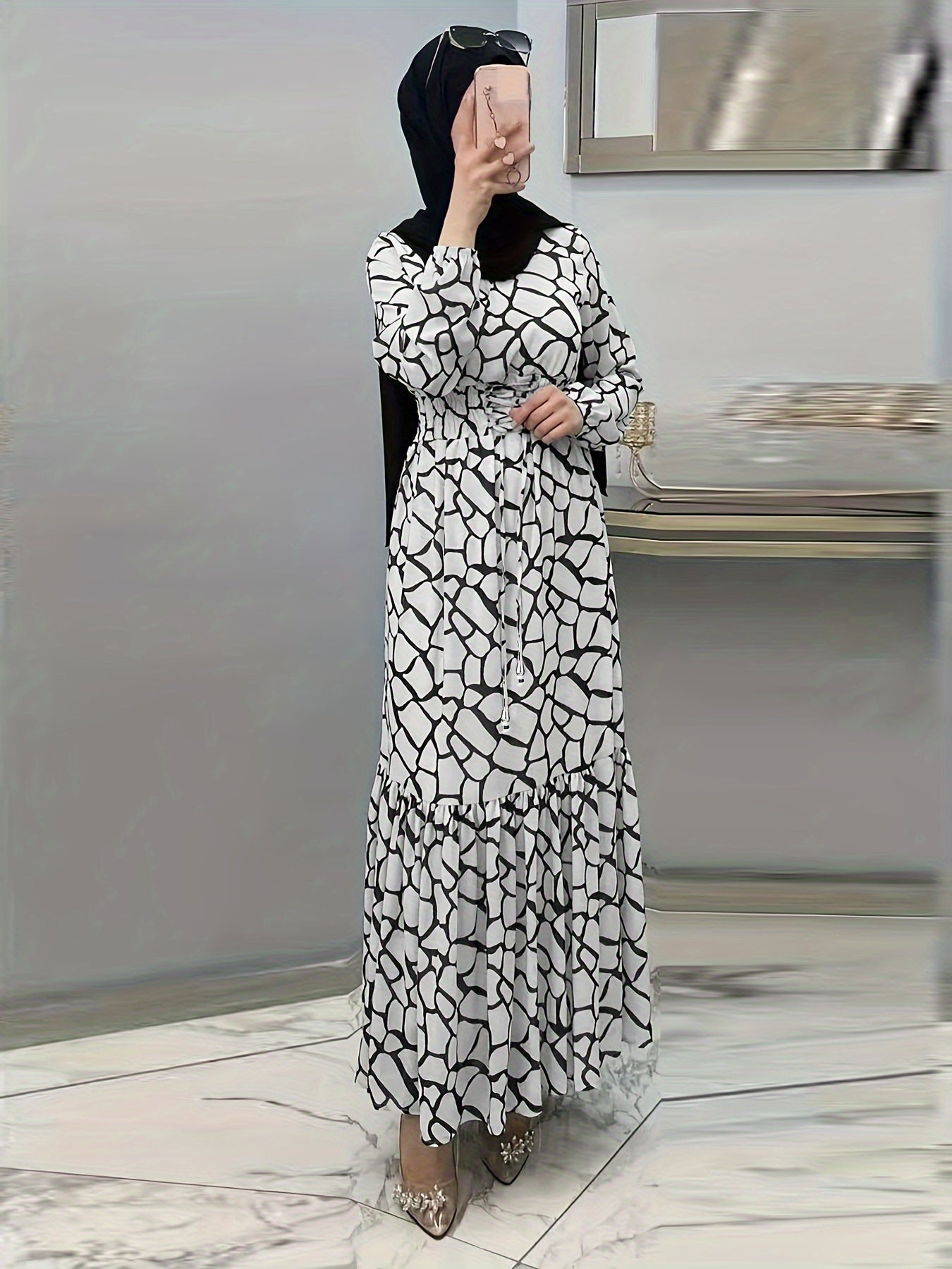 Allover Print Maxi Kaftan Dress, Casual Long Sleeve '/MH