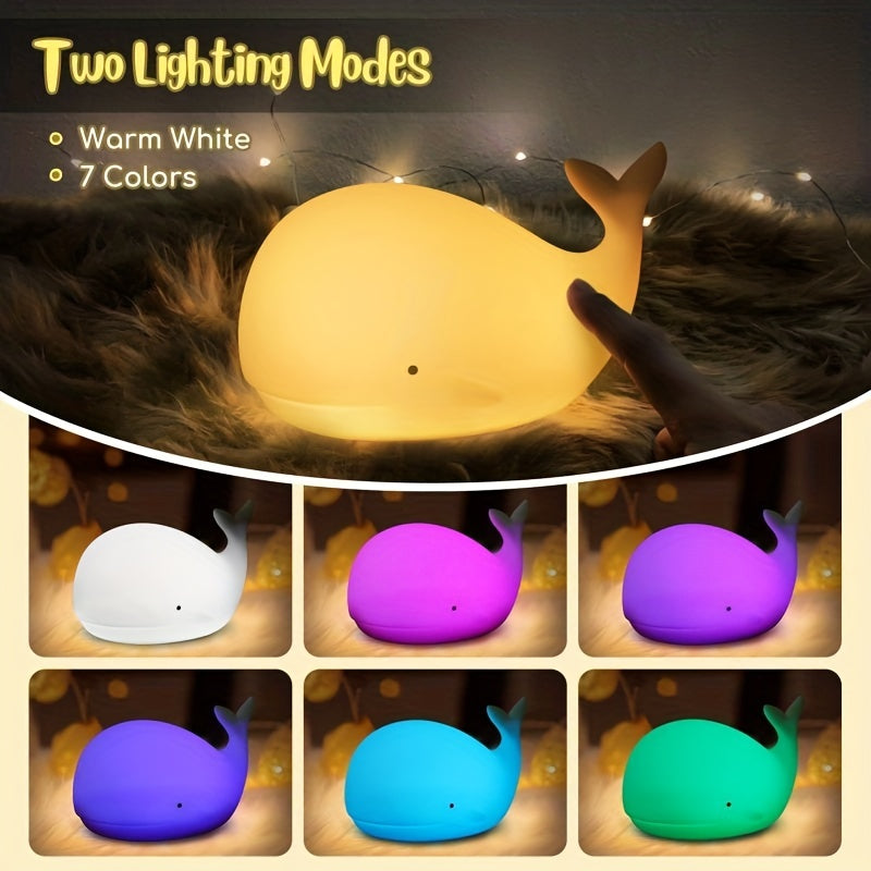 7 Colors Whale Kawaii Night Light - Rechargeable, Color-Changing, Silicone, Christmas and Halloween Gift Lamp with Soft Glowing Effect