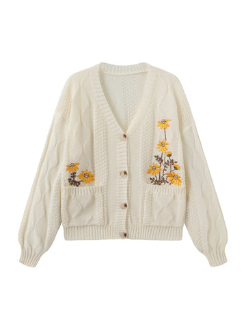 Women's Casual Floral Embroidered Cardigan - Long Sleeve,