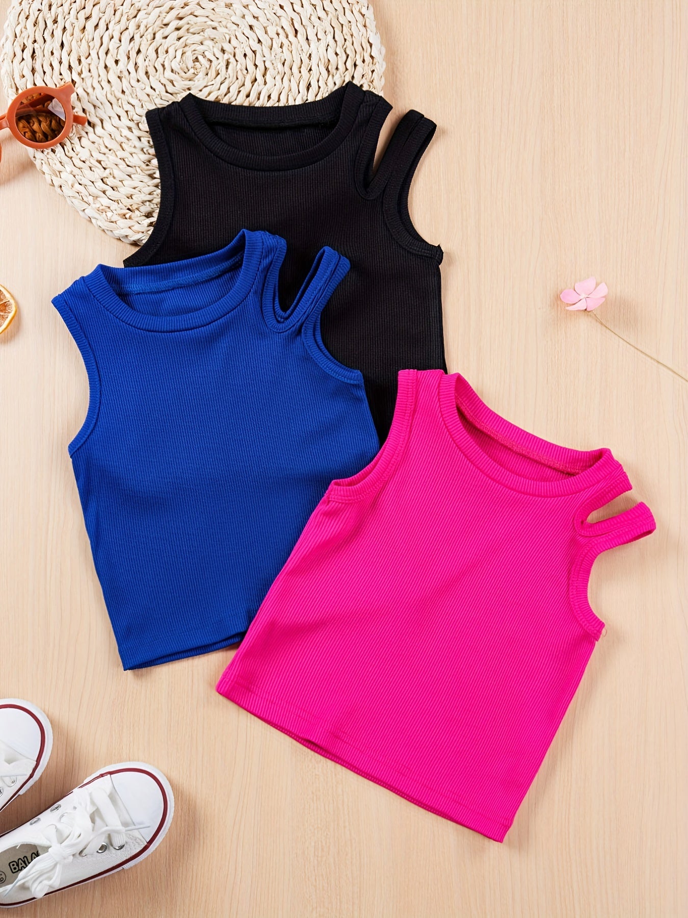 3pcs Baby Girls Cute Round Neck Sleeveless Cutout Top Summer Baby Clothes