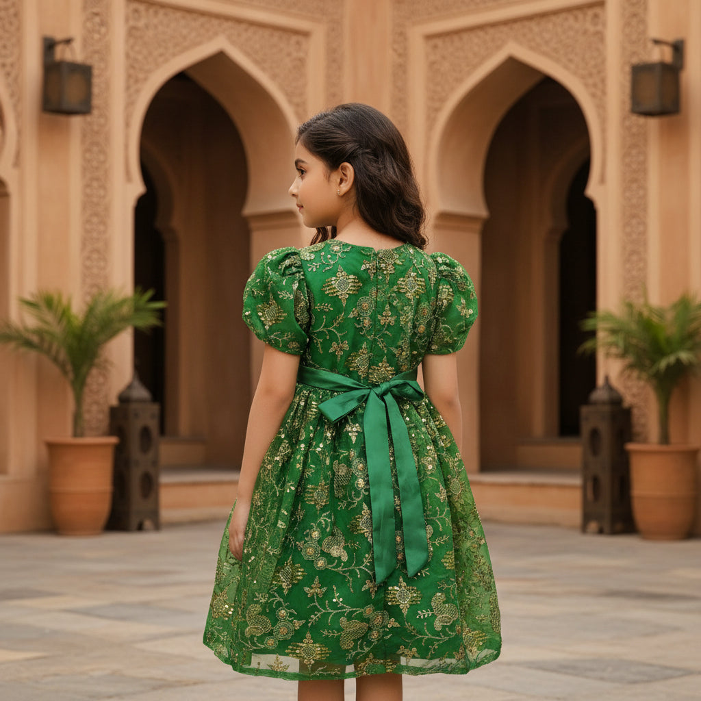 Girls Dress Omani Forest Green Paisley Gold Embroidered-Heritage Formal | (Age 10 Years) | MH