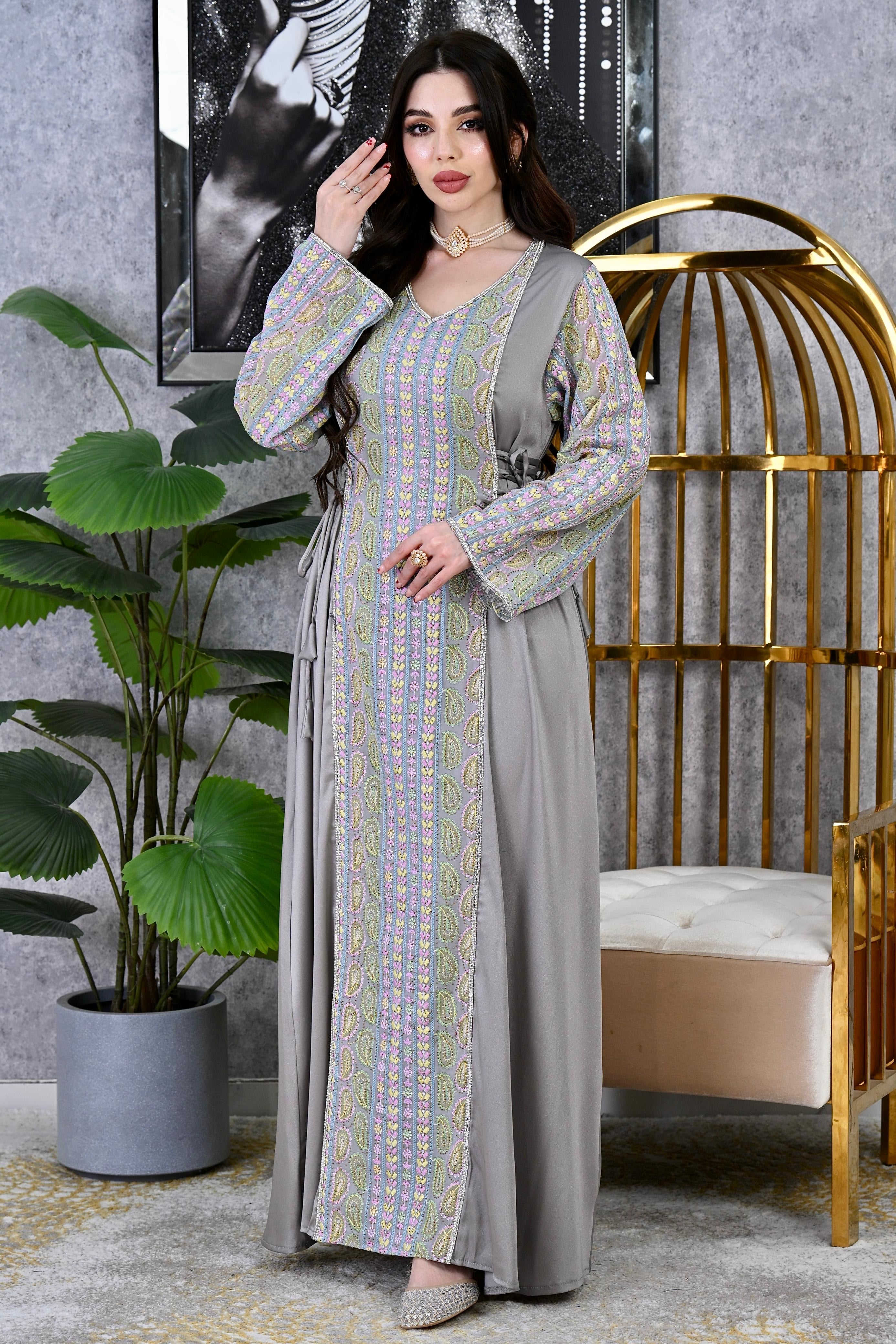 Crystal Panel Crepe Royal Tapestry Embroidered Dress with Adjustable Waist | Modest Evening Wear Dubai Occasion Kaftan | 4 Colors | Sizes F1-F2 | MH