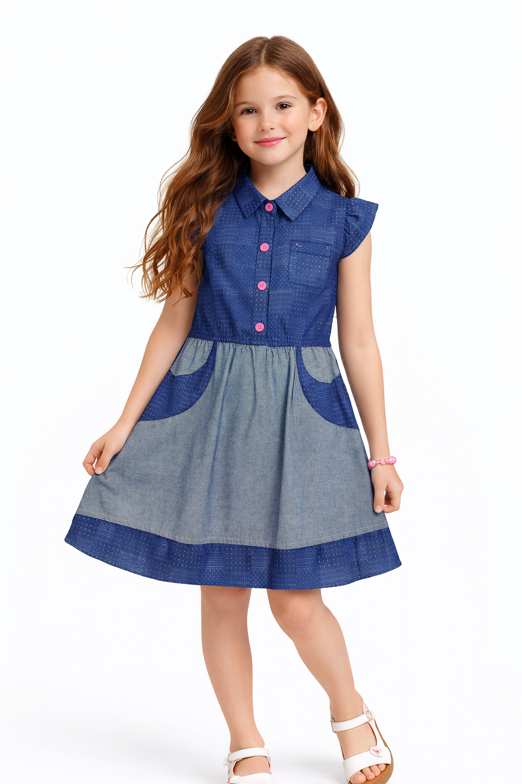 Girls Premium Denim Patchwork Dress with Pink Buttons (2–12 Years) | MH Kids UAE