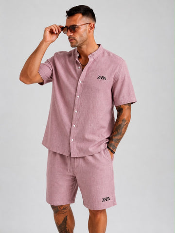 Men’s Premium Textured Band Collar Shirt & Shorts Co-ord Set | Half Sleeve Summer Set | M–XXL