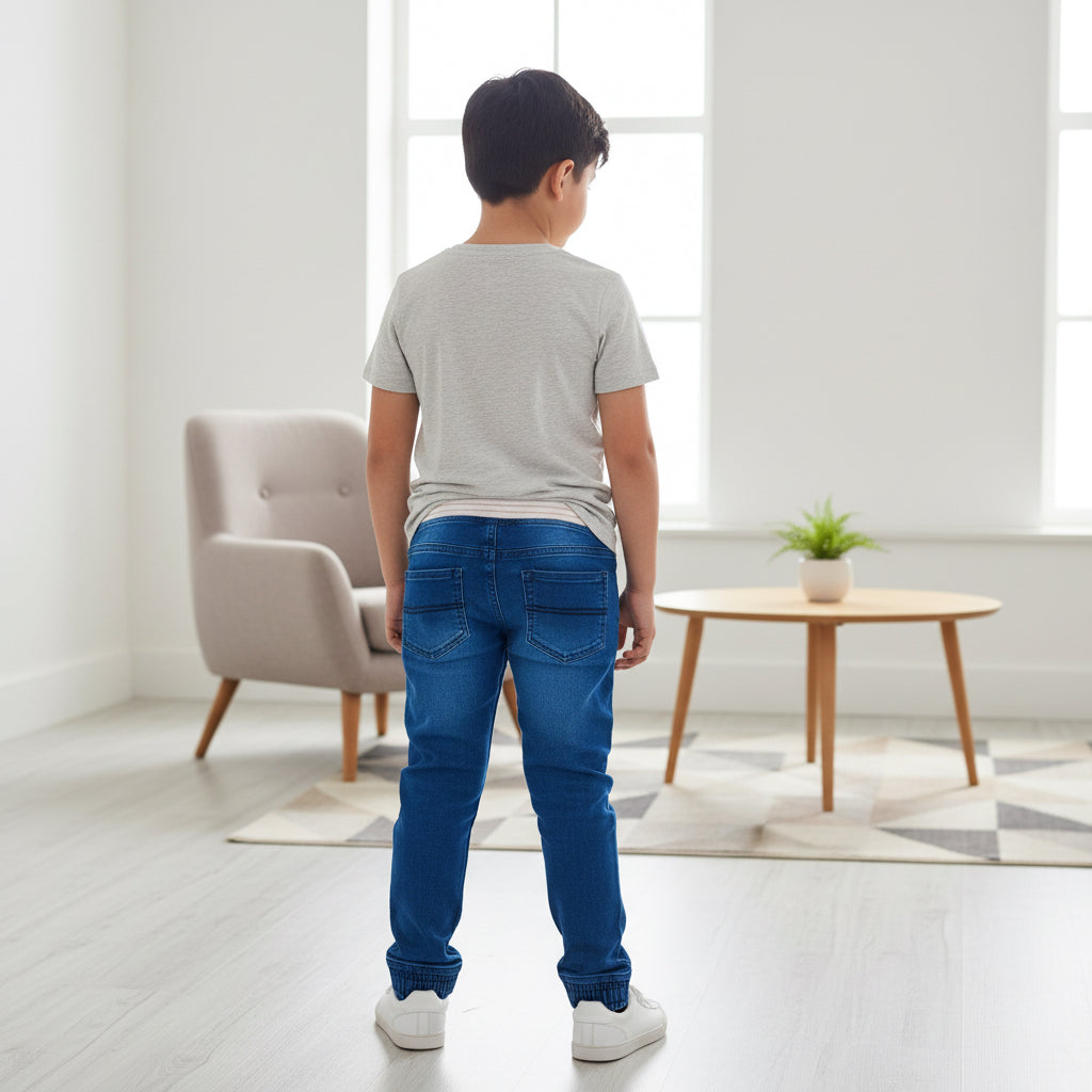 Boys Blue Denim Jogger Jeans 7-12 Years - Casual Drawstring Denim Pants with Side Stripes | MH