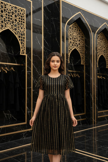 Luxury Black Gold Embroidered Modest Kaftan Dress for Girls | Islamic Fashion | Ages 8-10 | MH