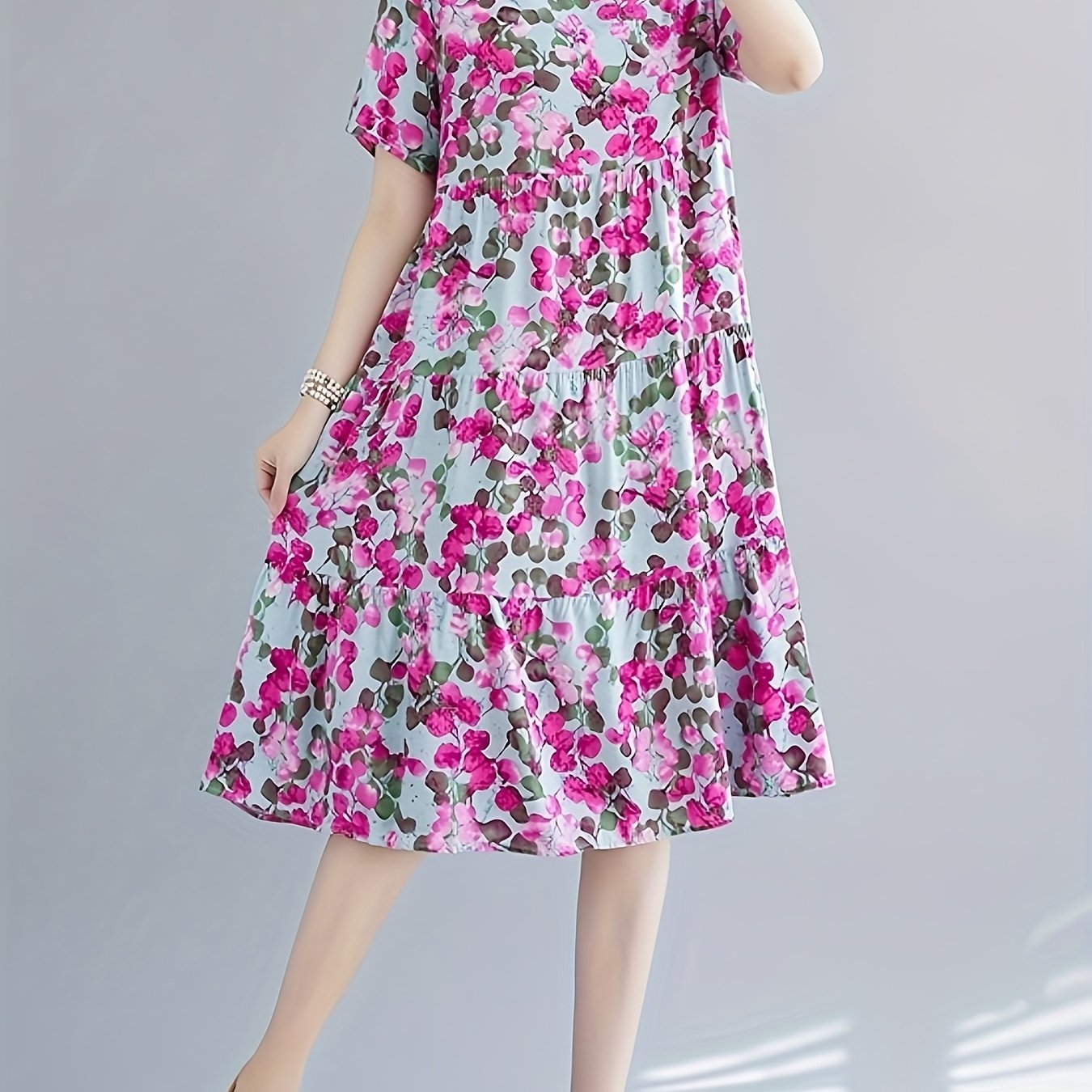 Paisley Print Crew Neck Dress, Casual Short Sleeve Loose Fit Dress./MH