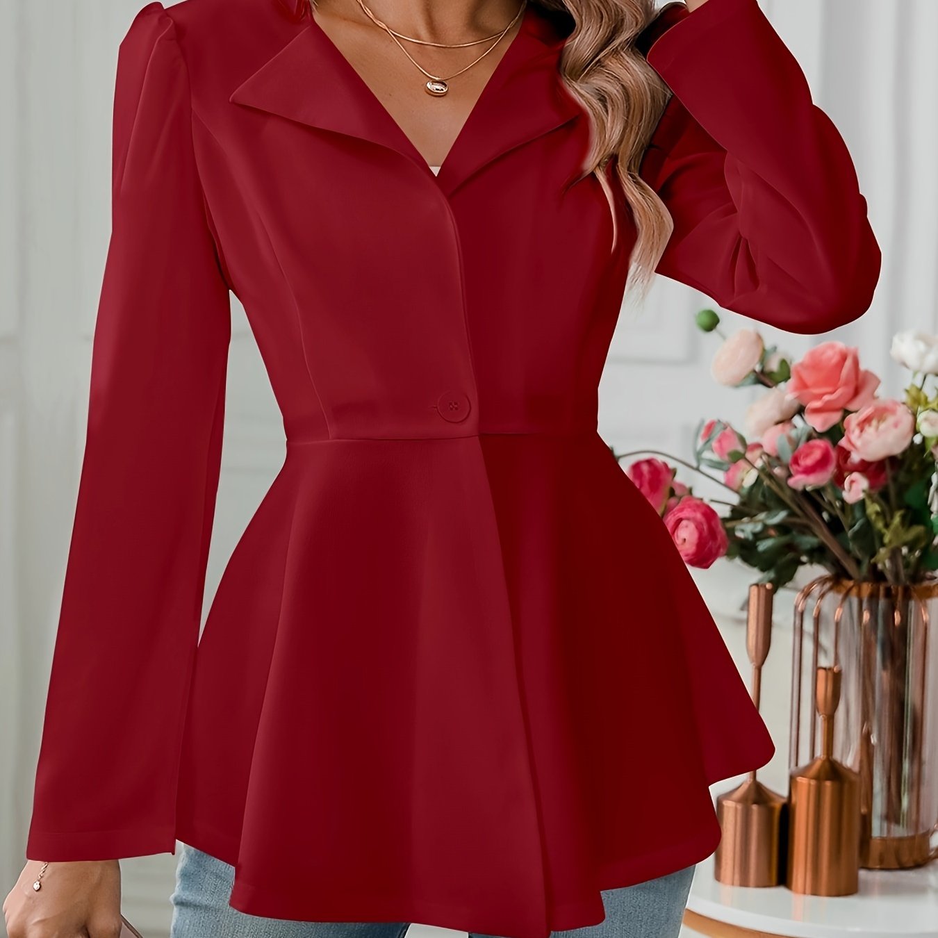 Notched Collar Flare Blazer, Elegant Long Sleeve Button Front Coat,
