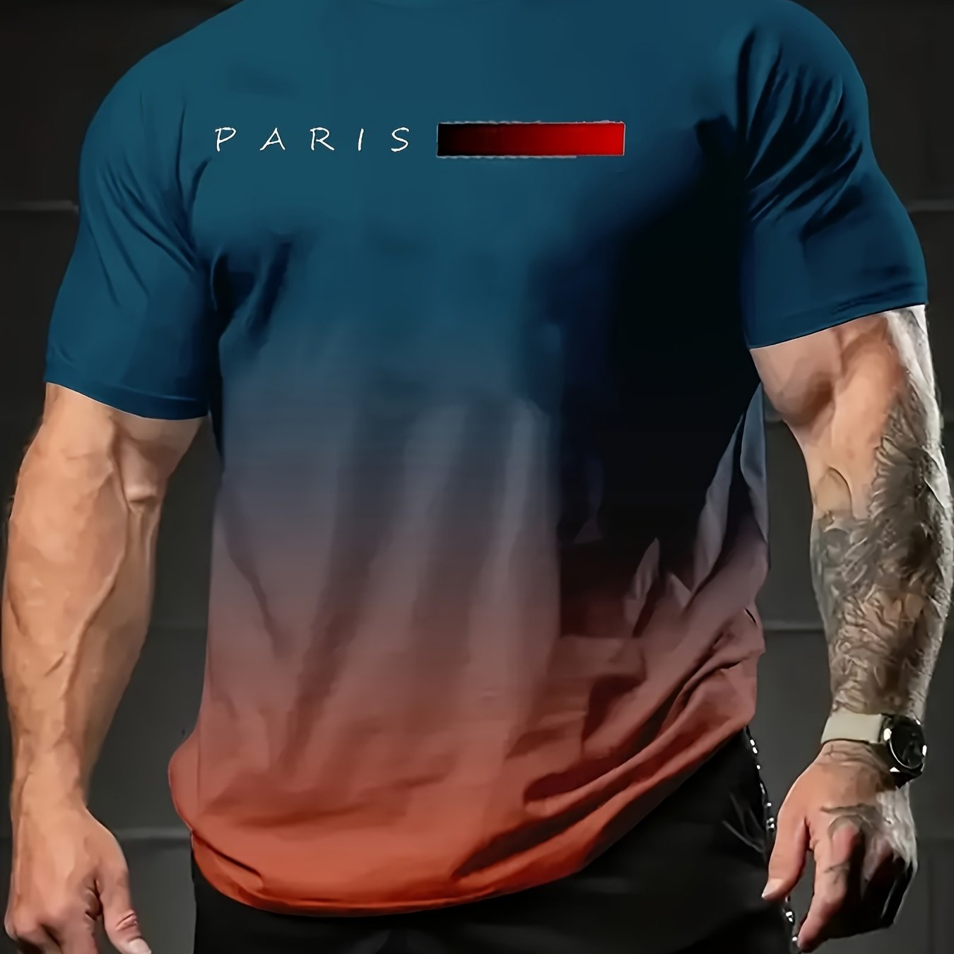 Summer Men's Gradient Paris Letter 3D Printed T-shirts.