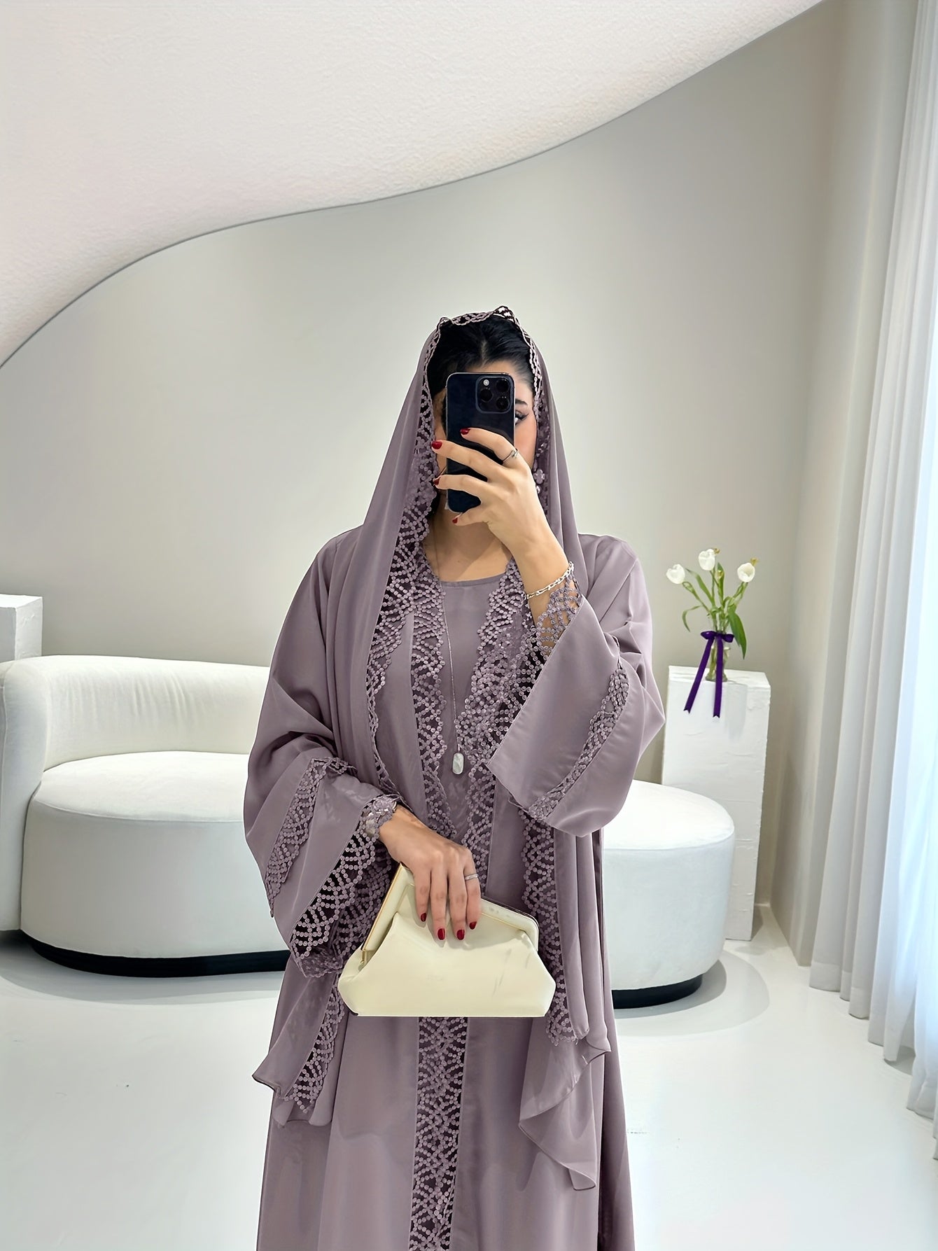 2pcs Set with Lace Trim Muslim Kaftan Plus Sleeveless Vest Skirt, / MH