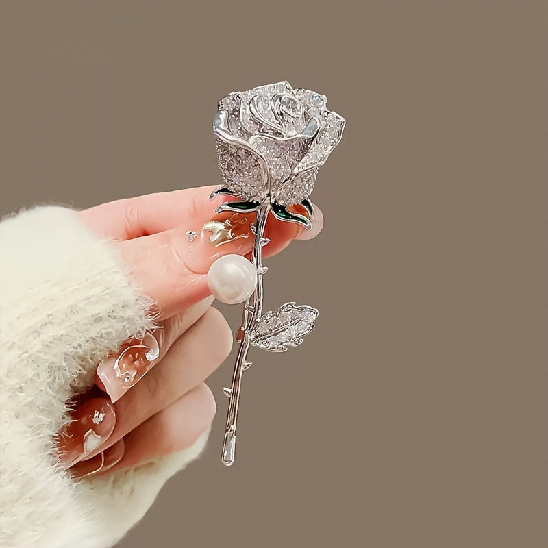 Elegant Rose Flower Brooch with Sparkling Rhinestones & Faux Pearls - Chic Geometric Metal Pin for Women, Perfect for Parties & Gifts