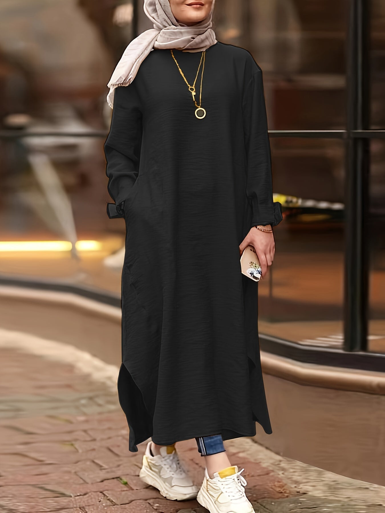 Solid Split Kaftan Dress, Modest Long Sleeve Maxi Dress '/MH