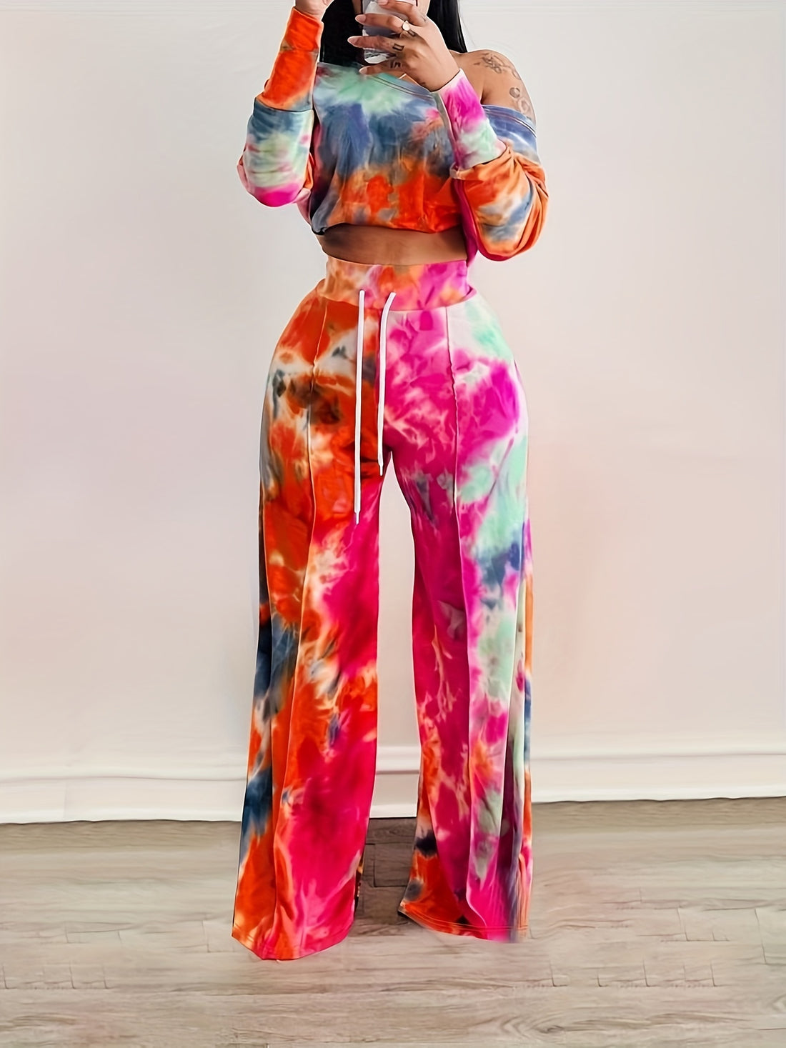 Casual Tie Dye Two-piece Set, Long Sleeve Crop Top & Drawstring Wide Leg Pants Outfits, Women's Clothing