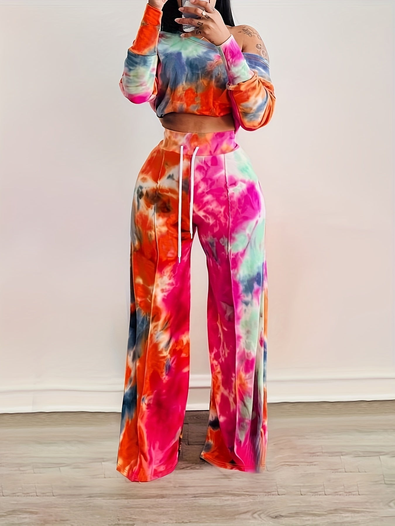Casual Tie Dye Two-piece Set, Long Sleeve Crop Top & Drawstring Wide Leg Pants Outfits, Women's Clothing