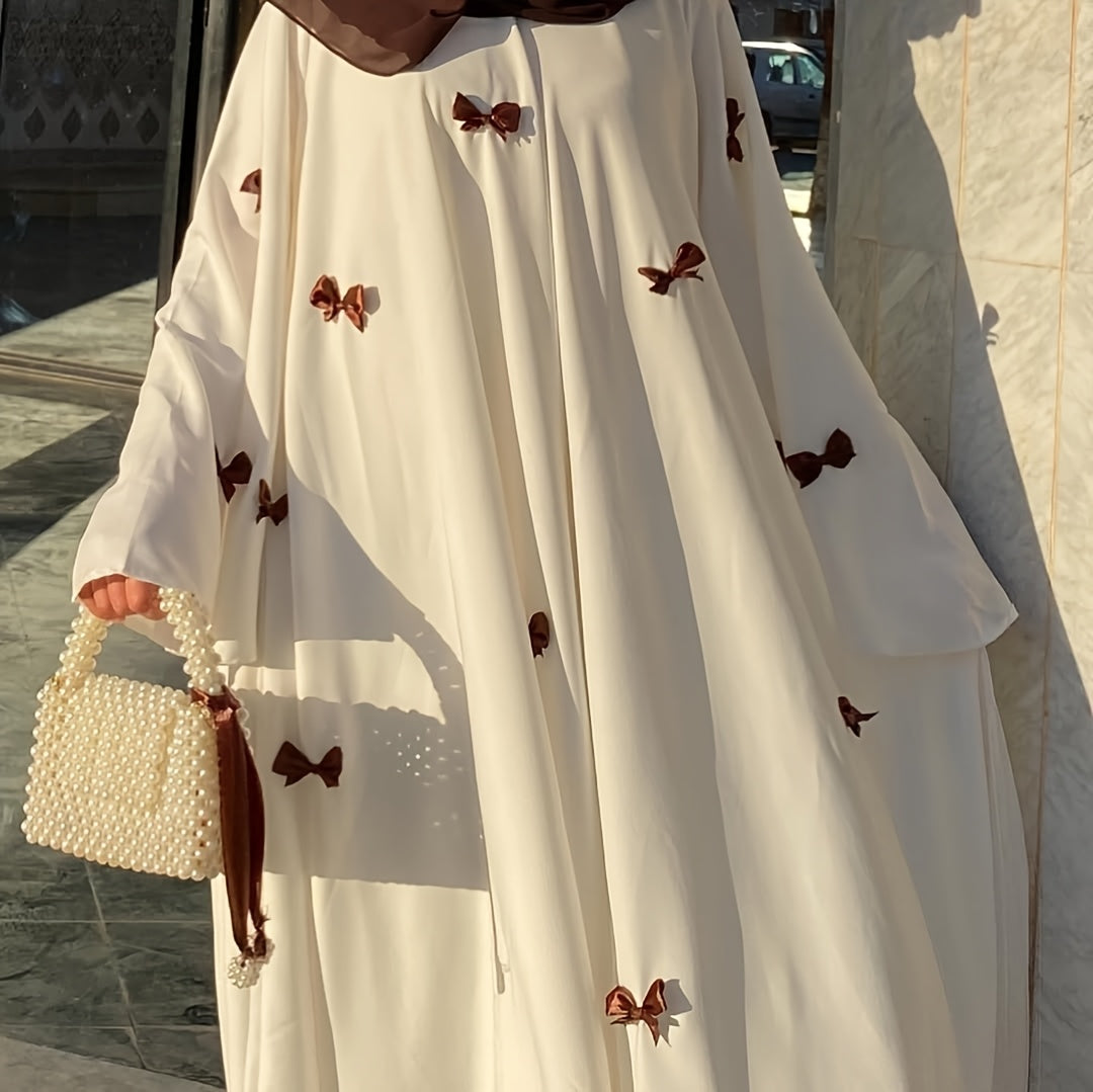 Elegant White Abaya with Blue Bow Accents - ./MH