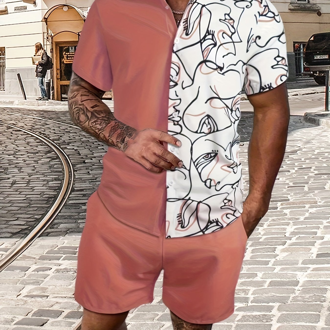 Abstract Painting Print, Men's 2Pcs Outfits, Casual Camp Collar Lapel Button Up.