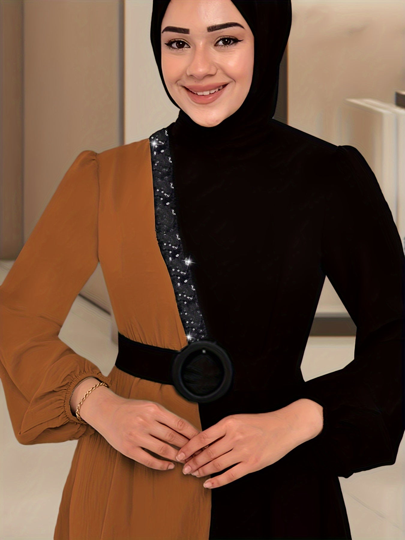 Color Block Long Sleeve Kaftan Dress, /MH