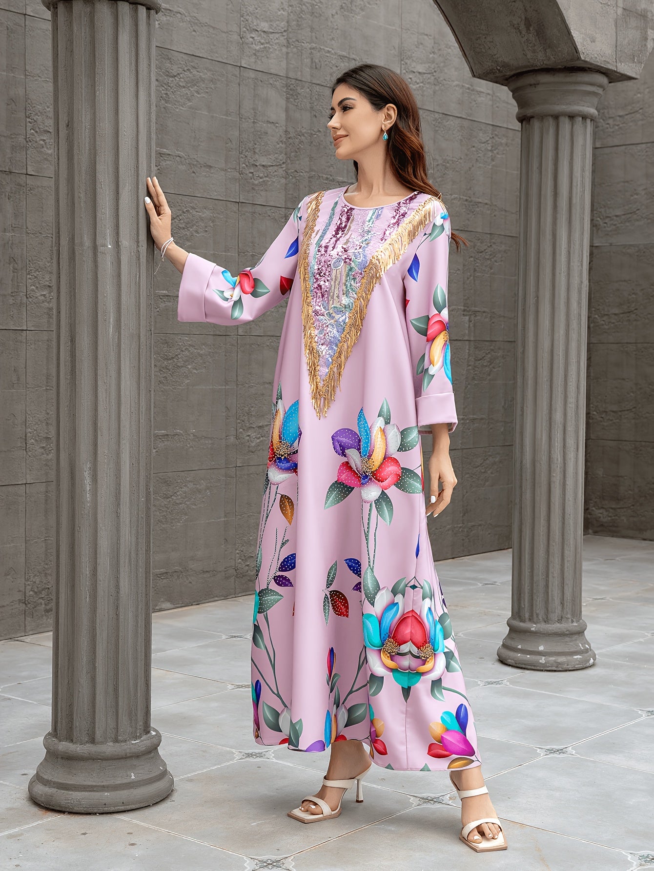 1pc Elegant Floral Abaya Dress for Women, Long Sleeve '/MH