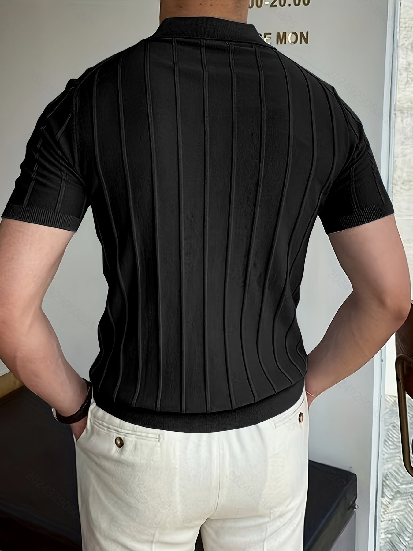 Vertical Striped Chic Shirt, Men's Casual Solid Color High Stretch .